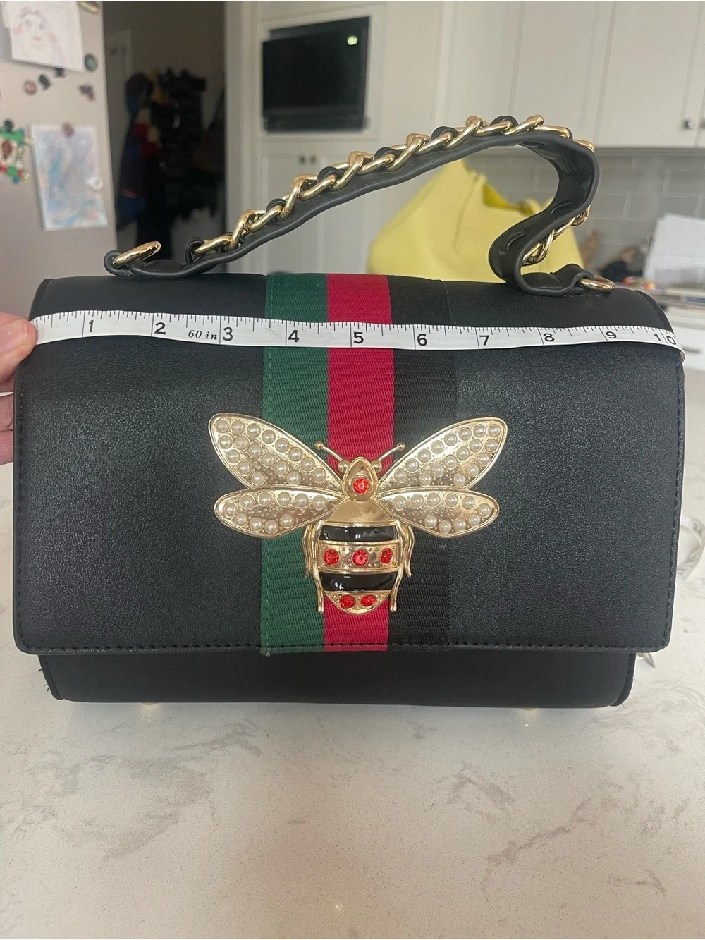 Black Top-Handle Satchel with Red-Green Stripe and Gold Bee Accent